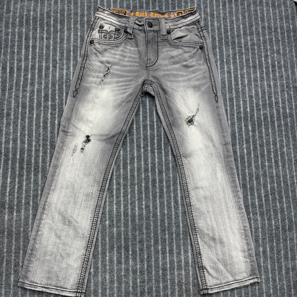 Rock Revival Boys Phoenix Straight Jeans Size 28 Grey Distressed Moto E8984J5